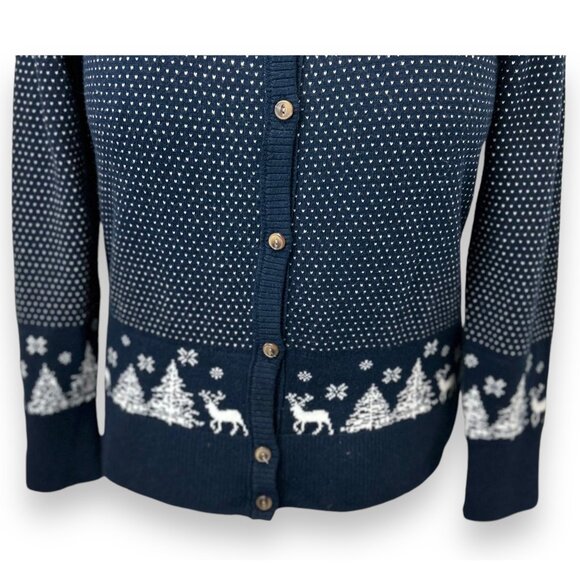 L.L. Bean XSP Navy Holiday Cardigan Sweater Snowflakes/Reindeer 5% Cashmere - Picture 3 of 10